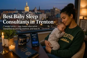 Trenton parent holding a sleeping baby by a window at dusk, our guide to baby sleep consultants in Trenton.