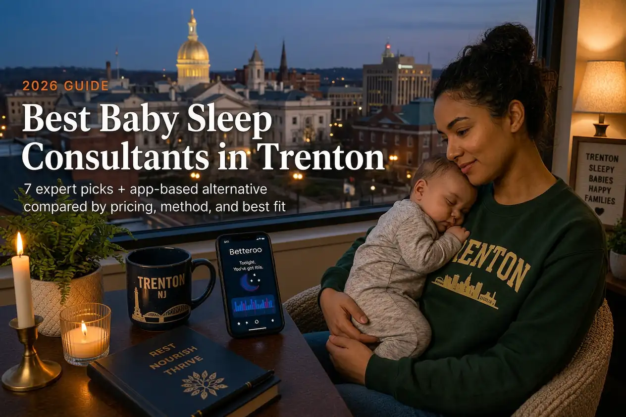 Bestbabysleepconsultantstrenton | Betteroo Trenton parent holding a sleeping baby by a window at dusk, our guide to baby sleep consultants in Trenton.