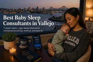 Tired Vallejo California mother holding her sleeping baby by a window at dusk, researching the best baby sleep consultants in Vallejo