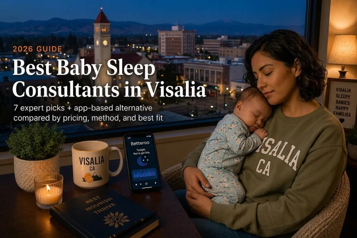 A Visalia mother holds her sleeping baby by a window at dusk, illustrating baby sleep consultants in Visalia.