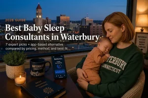 Tired Waterbury Connecticut mother holding her sleeping baby by a window at dusk, researching the best baby sleep consultants in Waterbury