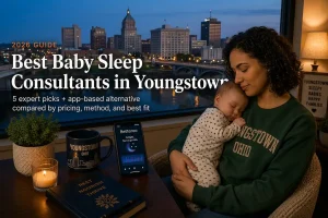 Bestbabysleepconsultantsyoungstown | Betteroo A tired mother cradles her sleeping baby by a window overlooking the downtown skyline and Mahoning River at dusk, representing baby sleep consultants in Youngstown.