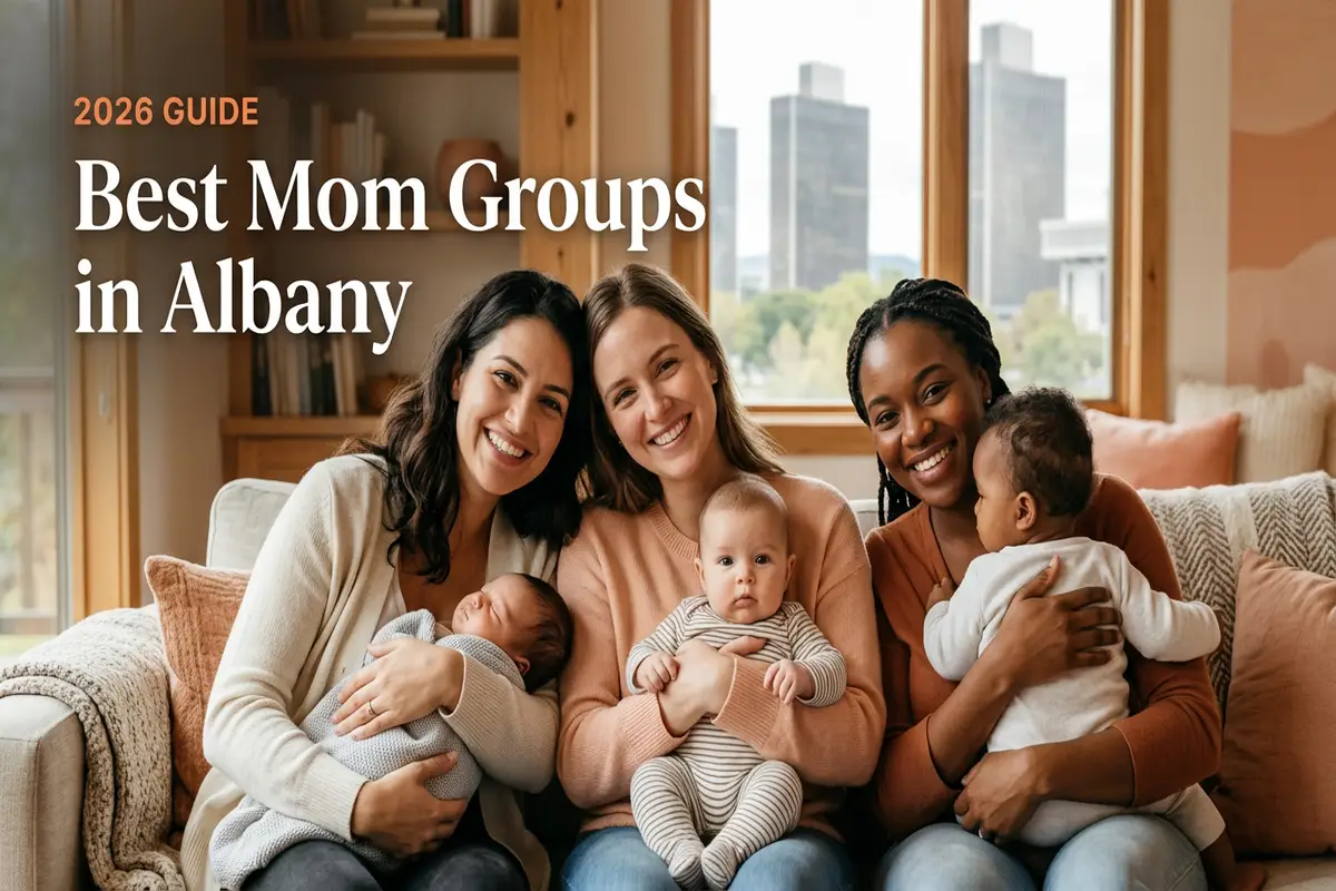 Group of new moms with their babies at a mom groups meetup in Albany, NY