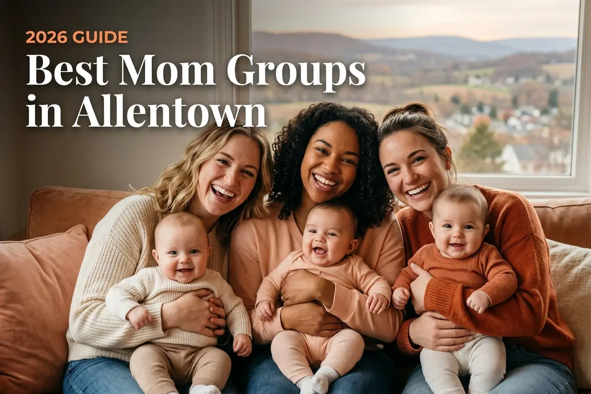 Group of smiling moms holding babies on a couch with a view outside; header reads 'Best Mom Groups in Allentown' (2026 Guide).