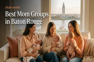 Group of new moms with their babies at a mom groups meetup in Baton Rouge, LA