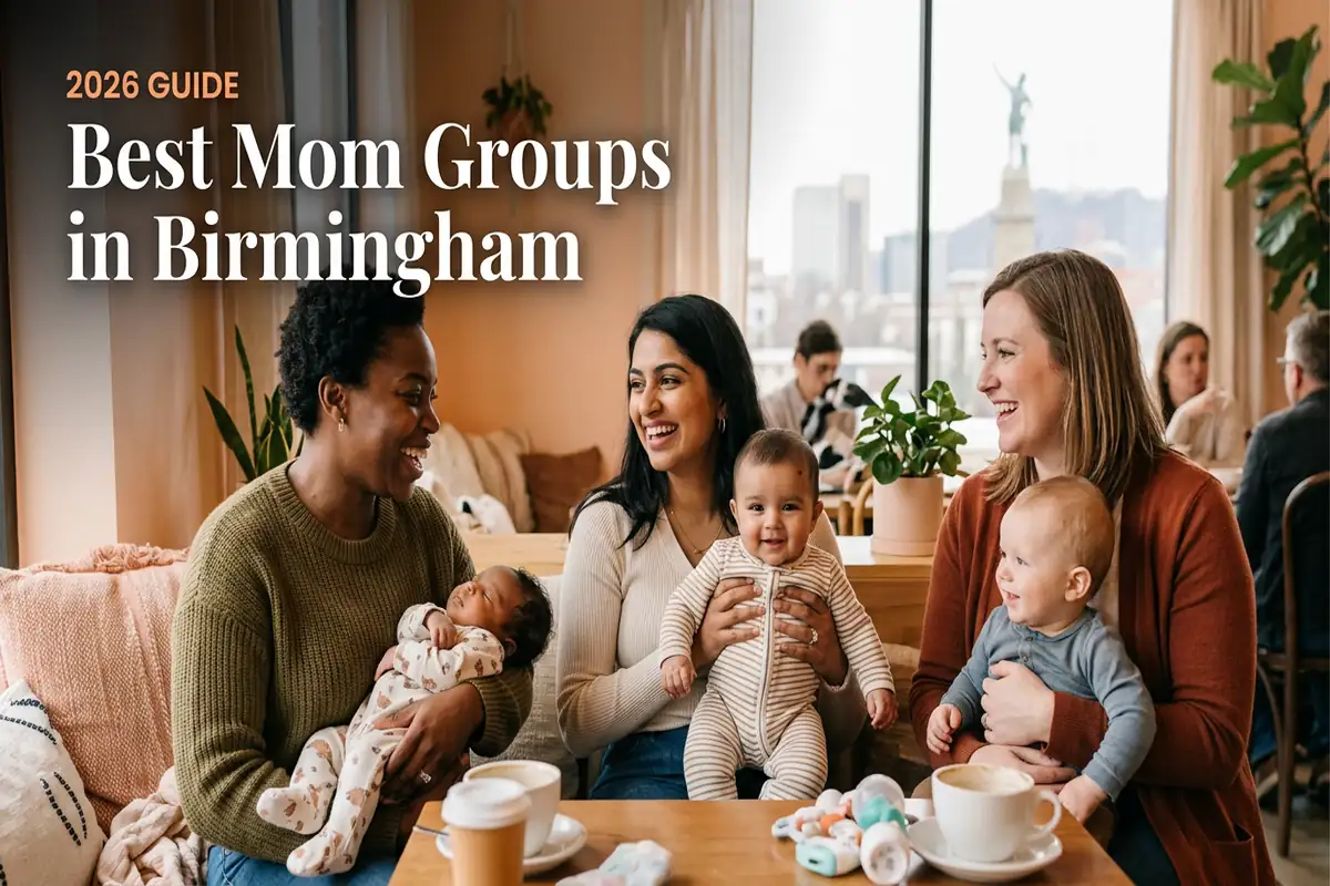 Three smiling moms with babies at a sunlit cafe, city view through window; text reads 'Best Mom Groups in Birmingham' (2026 Guide).