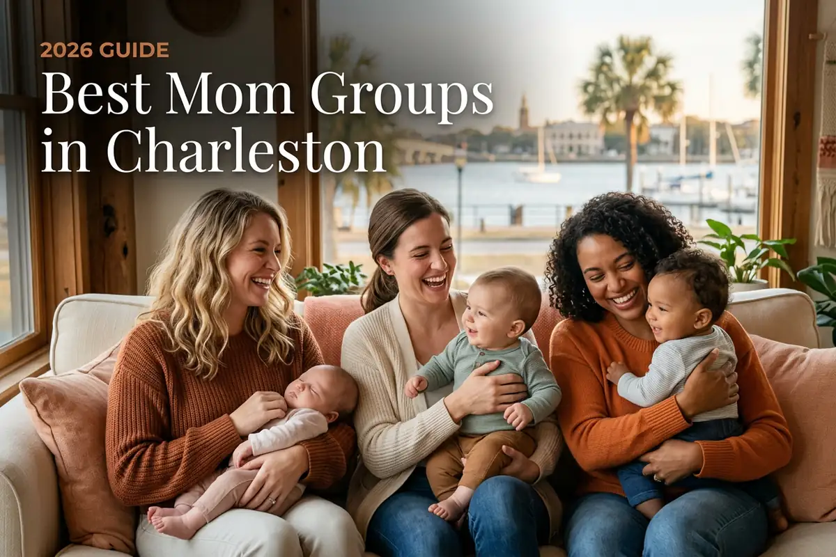 Best Mom Groups in Charleston sc 2026 | Betteroo Best mom groups in Charleston, SC: three moms holding their babies together at a local mom group meetup in 2026