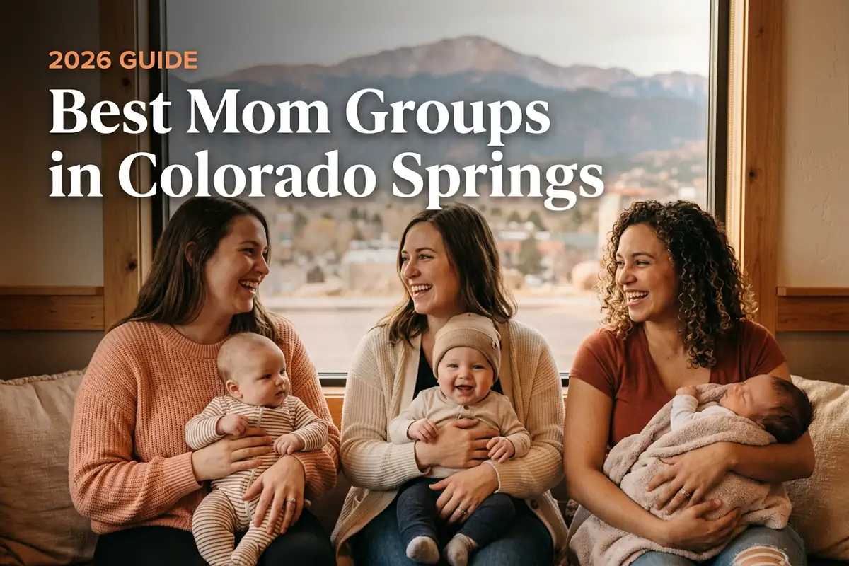 Best Mom Groups in Colorado Springs co 2026 | Betteroo Best mom groups in Colorado Springs, CO: three moms holding their babies together at a local mom group meetup in 2026