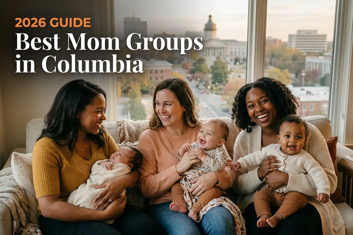 Best mom groups in Columbia, SC: three moms holding their babies together at a local mom group meetup in 2026