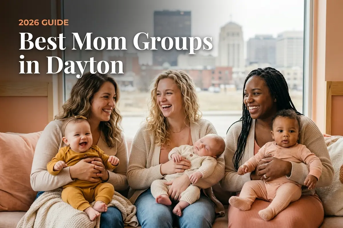 Best Mom Groups in Dayton oh 2026 | Betteroo Best mom groups in Dayton, OH: three moms holding their babies together at a local mom group meetup in 2026