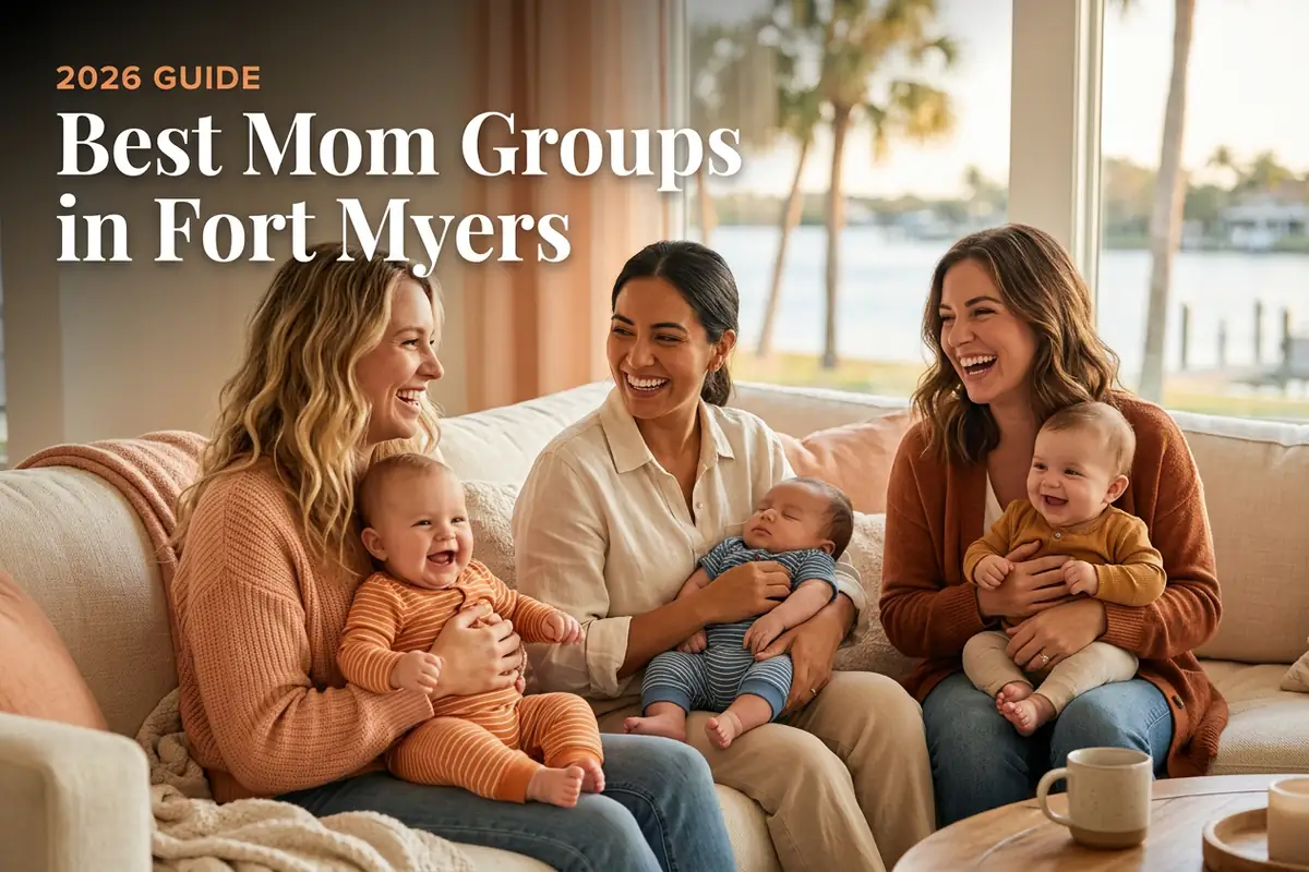Best mom groups in Fort Myers, FL: three moms holding their babies together at a local mom group meetup in 2026