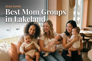 Best mom groups in Lakeland, FL: three moms holding their babies together at a local mom group meetup in 2026