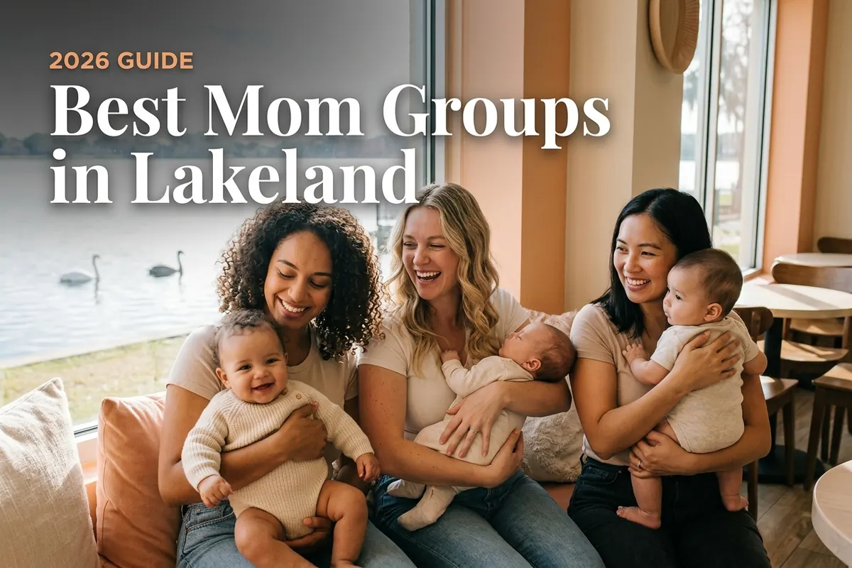 Best mom groups in Lakeland, FL: three moms holding their babies together at a local mom group meetup in 2026
