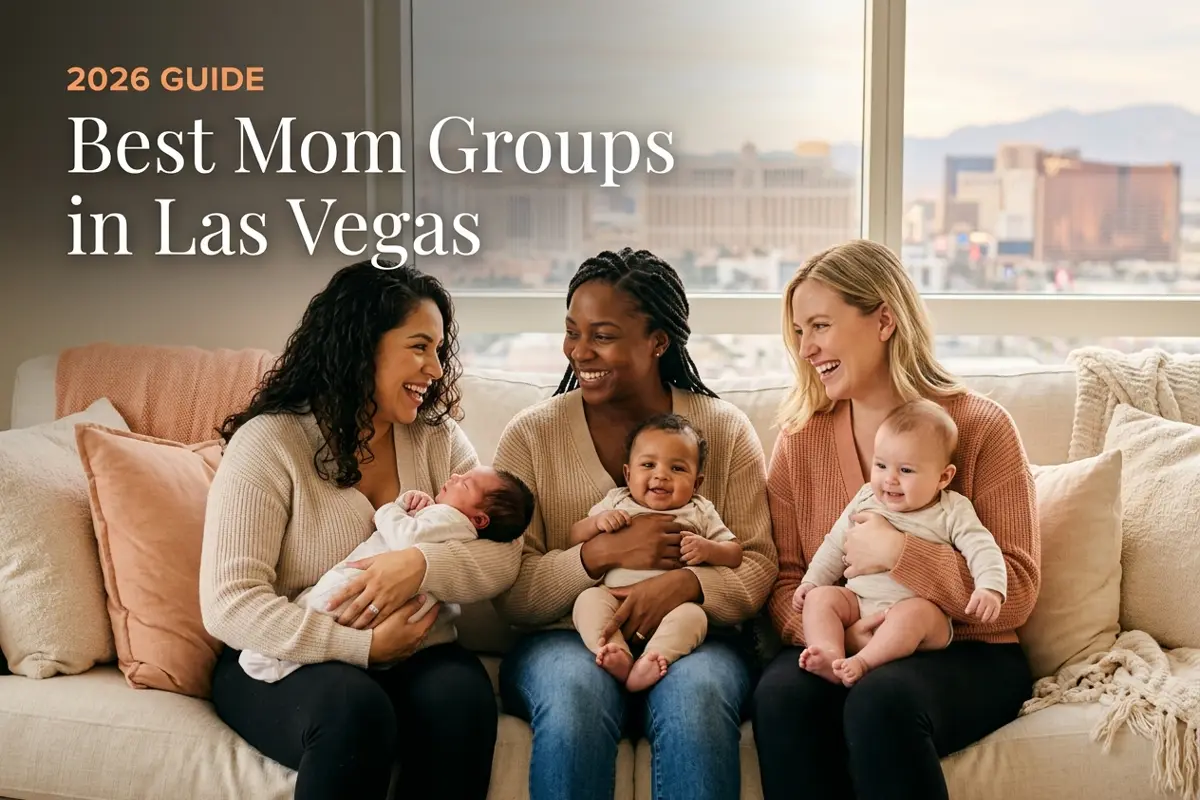Three smiling mothers sit on a beige sofa with their babies, by a window overlooking the Las Vegas skyline, with the headline '2026 GUIDE Best Mom Groups in Las Vegas'