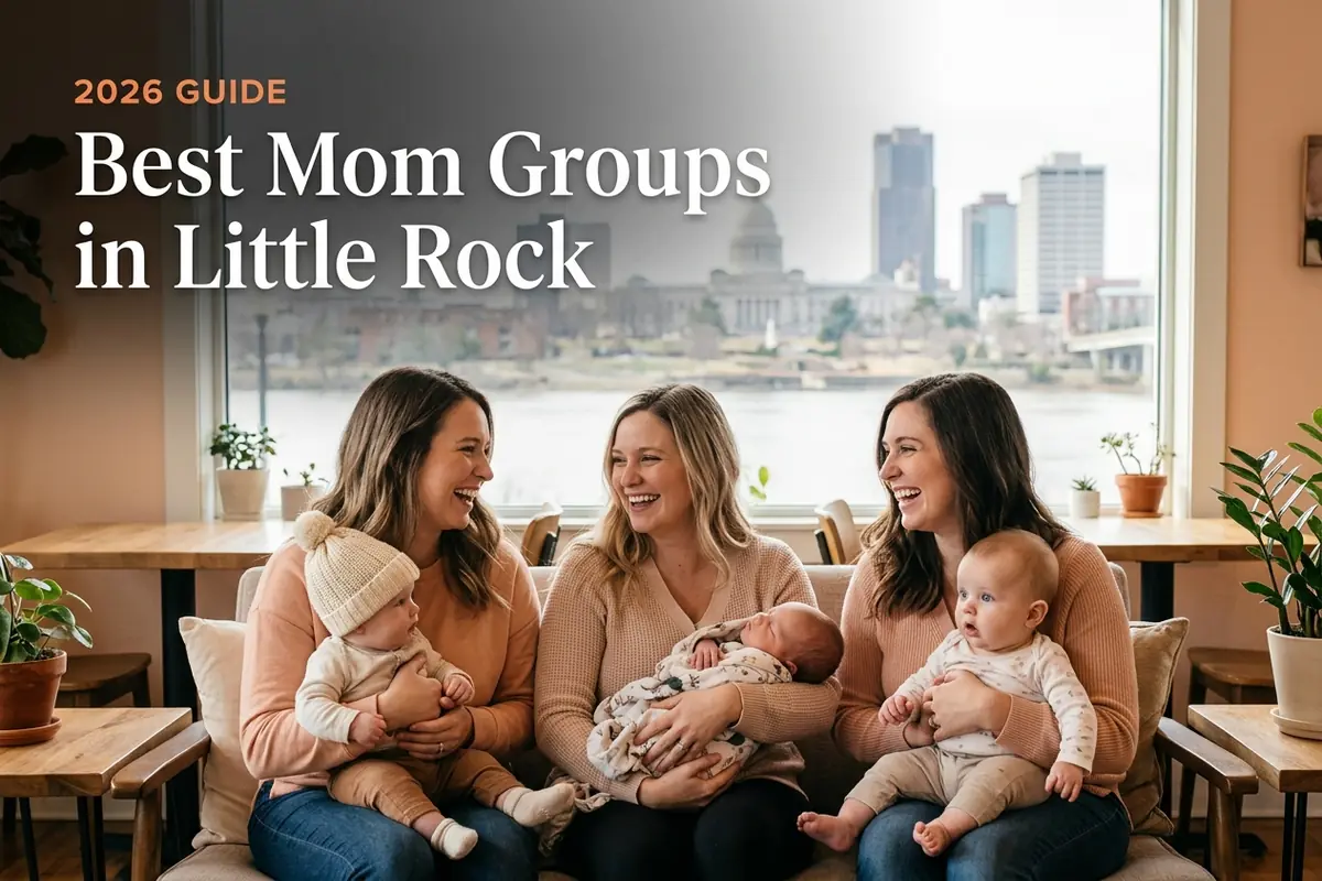 Best mom groups in Little Rock, AR: three moms holding their babies together at a local mom group meetup in 2026