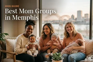 Best mom groups in Memphis, TN: three moms holding their babies together at a local mom group meetup in 2026