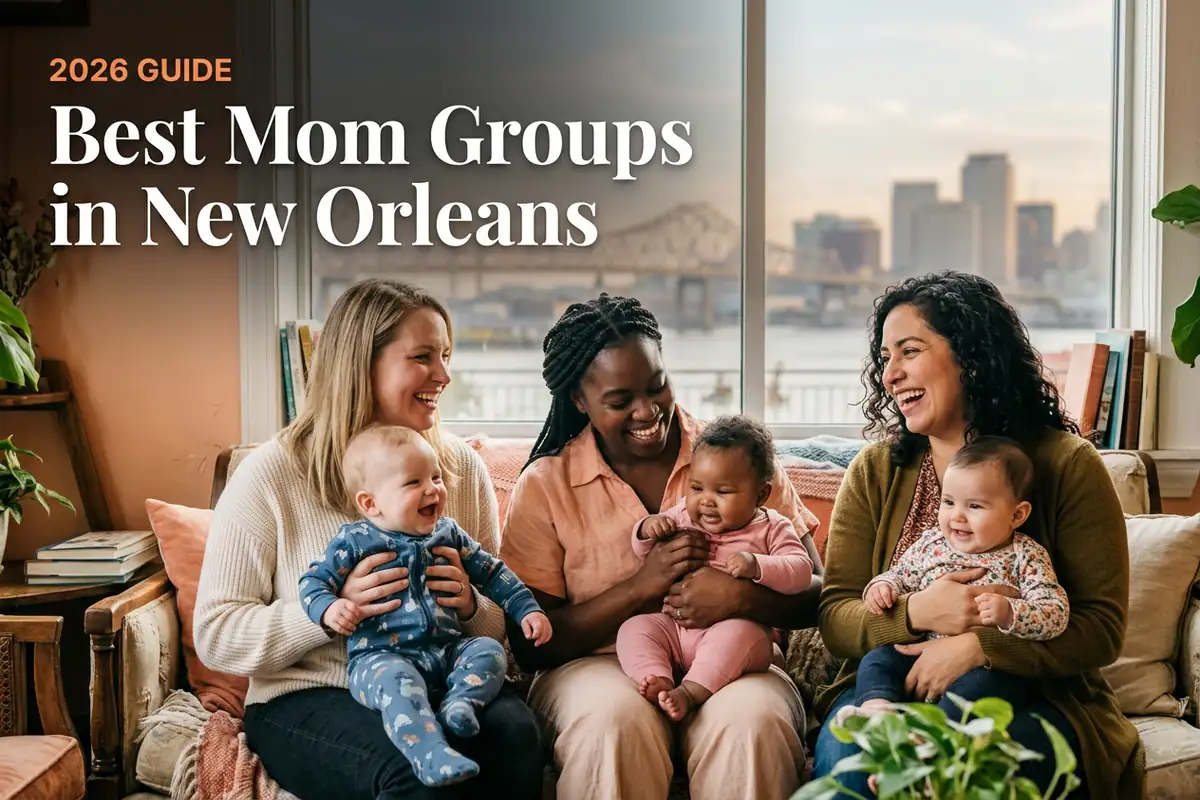 Best mom groups in New Orleans, LA: three moms holding their babies together at a local mom group meetup in 2026