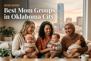 Best mom groups in Oklahoma City, OK: three moms holding their babies together at a local mom group meetup in 2026