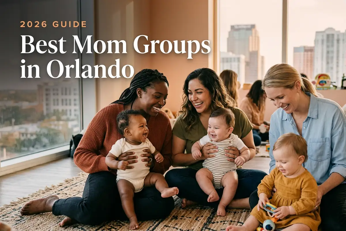Three diverse moms holding their babies at a welcoming mom group meetup in Orlando, with the Orlando skyline in warm daylight behind them, illustrating a guide to the best mom groups in Orlando for 2026