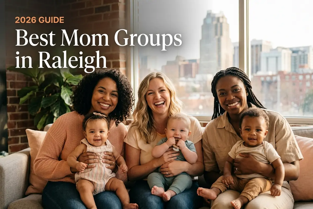 Best mom groups in Raleigh, NC: three moms holding their babies together at a local mom group meetup in 2026