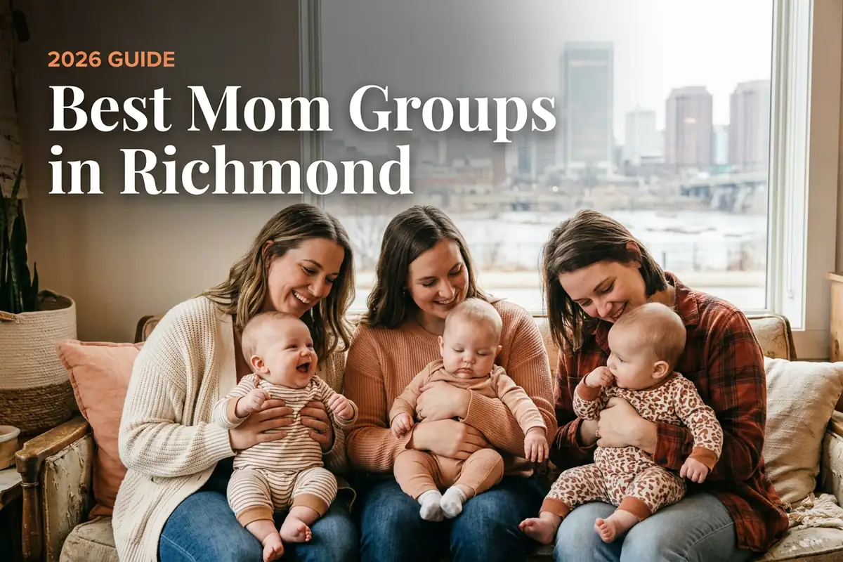 Best mom groups in Richmond, VA: three moms holding their babies together at a local mom group meetup in 2026