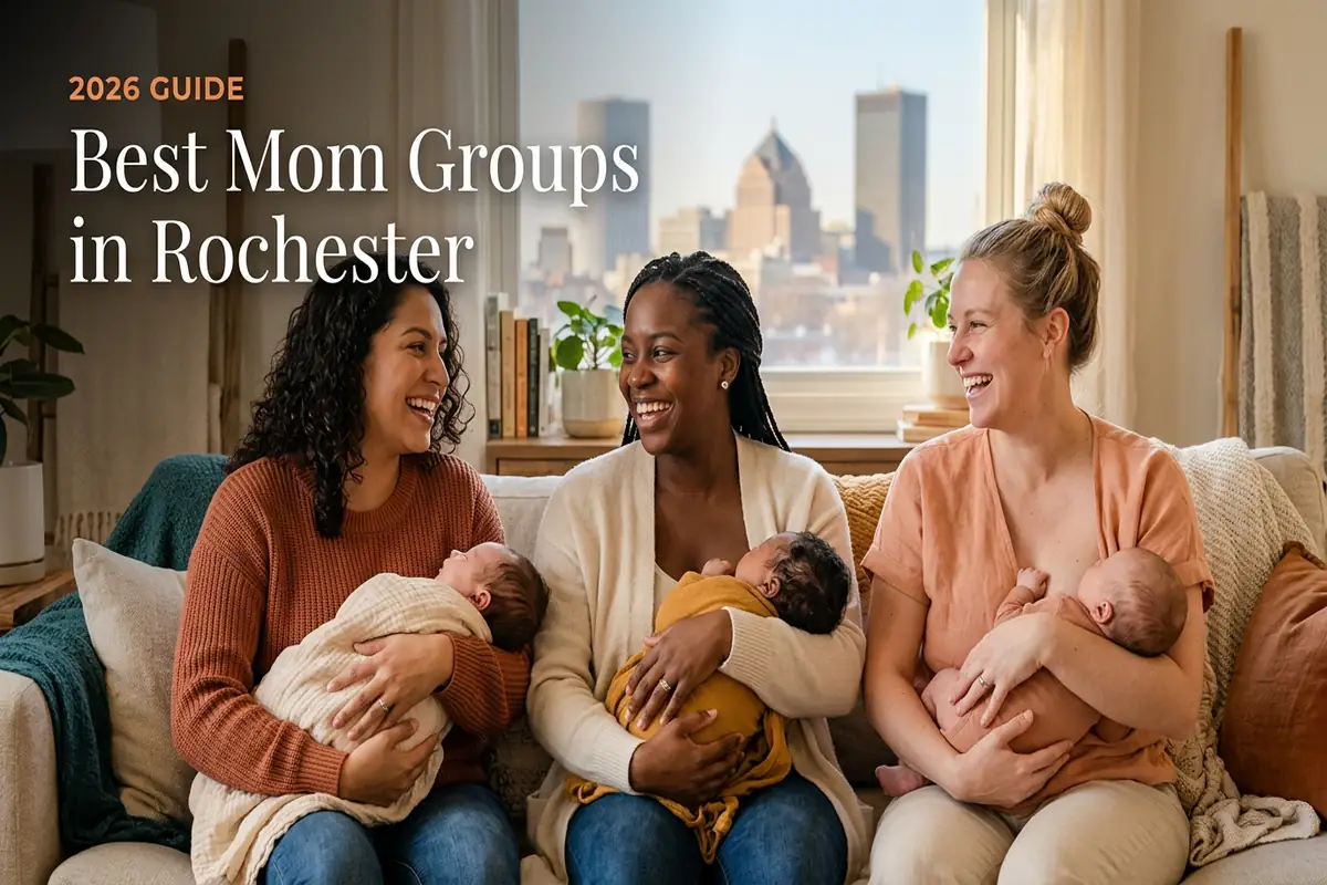Best Mom Groups in Rochester | Betteroo Three mothers sit on a sofa with their newborns, smiling and chatting as a city skyline is visible through a window; cover text reads “Best Mom Groups in Rochester.”