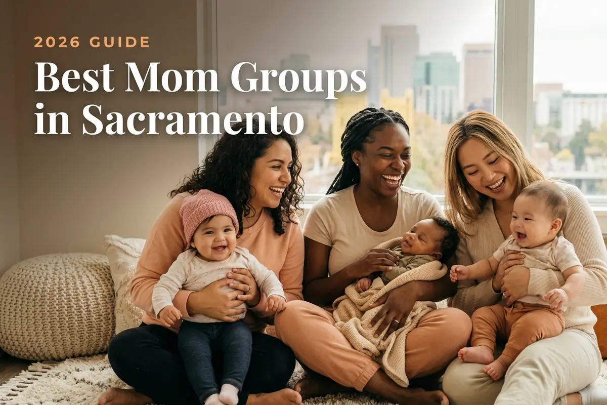 Three diverse moms holding their babies at a welcoming mom group meetup in Sacramento, with the Sacramento skyline in warm daylight behind them, illustrating a guide to the best mom groups in Sacramento for 2026