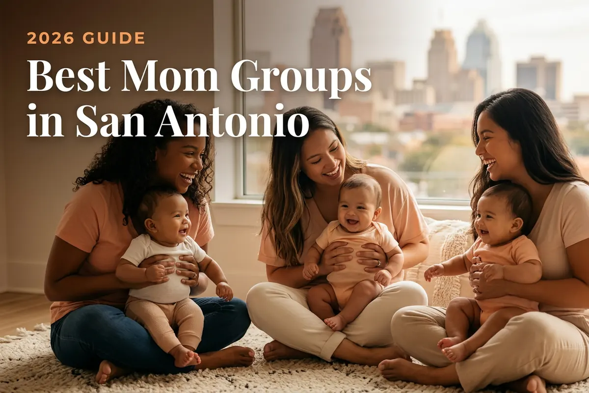 Three diverse moms holding their babies at a welcoming mom group meetup in San Antonio, with the San Antonio skyline in warm daylight behind them, illustrating a guide to the best mom groups in San Antonio for 2026