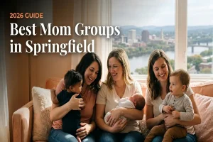 Moms and babies gathered at a mom group in Springfield, MA