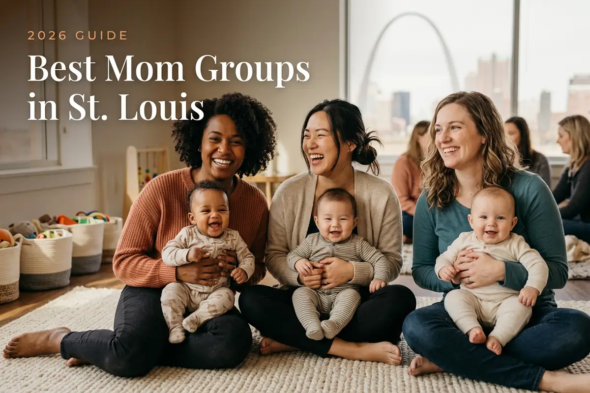 Three diverse moms holding their babies at a welcoming mom group meetup in St. Louis, with the St. Louis skyline with the Gateway Arch in warm daylight behind them, illustrating a guide to the best mom groups in St. Louis for 2026