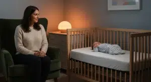 the Chair Method of Sleep Training How It Works Step by Step | Betteroo Parent sitting calmly in a chair beside a bare safe crib while an awake baby settles
