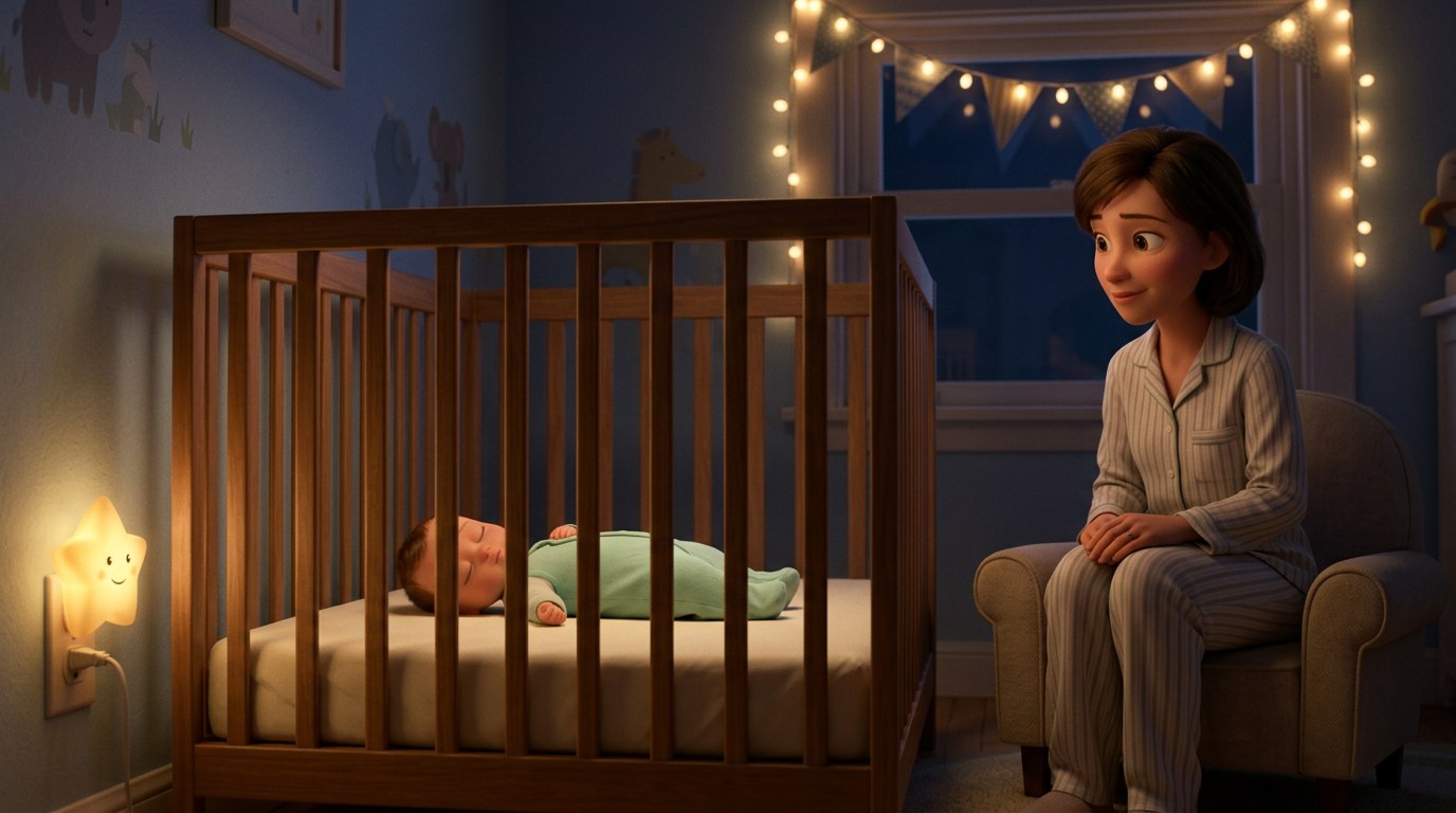 Chair Method | Betteroo Parent sitting in a chair near the crib reassuring a drowsy baby settling on their back, for a guide to the chair method