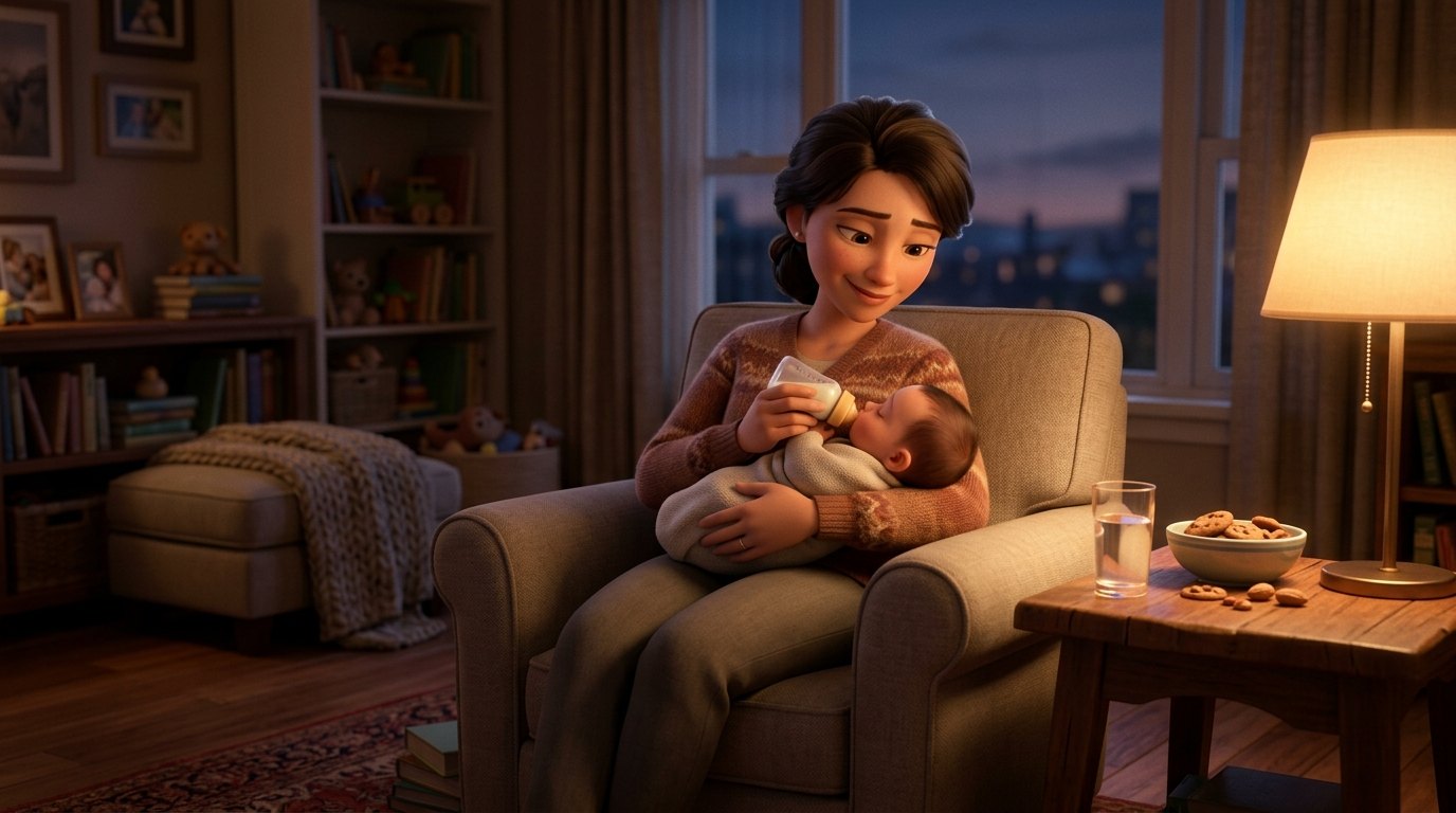 Cluster Feeding Newborn | Betteroo Parent feeding a newborn in a warmly lit living room in the evening, for a guide to cluster feeding in newborns