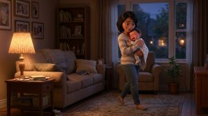 Patient parent soothing a crying baby held upright while walking in a warm living room, for a guide to colic in babies