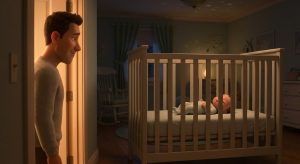 Calm parent standing in the nursery doorway while a drowsy baby settles in an empty crib, for a guide to the cry it out method