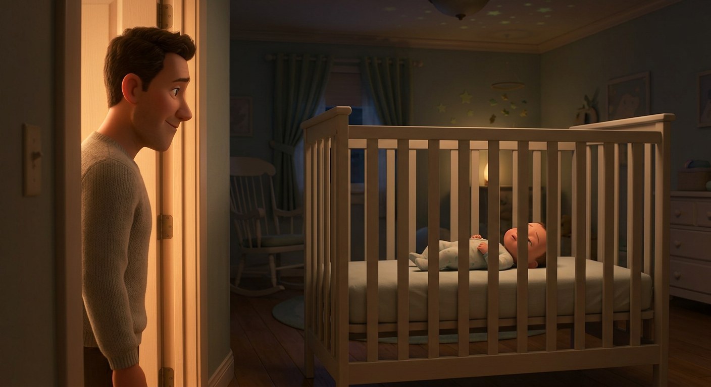 Calm parent standing in the nursery doorway while a drowsy baby settles in an empty crib, for a guide to the cry it out method