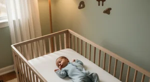 Baby sleeping on their back in a bare safe crib in their own nursery