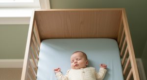 Baby napping on their back in a bare crib in soft daylight
