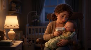 Parent gently feeding a drowsy baby by soft lamplight late in the evening, for a guide to the dream feed