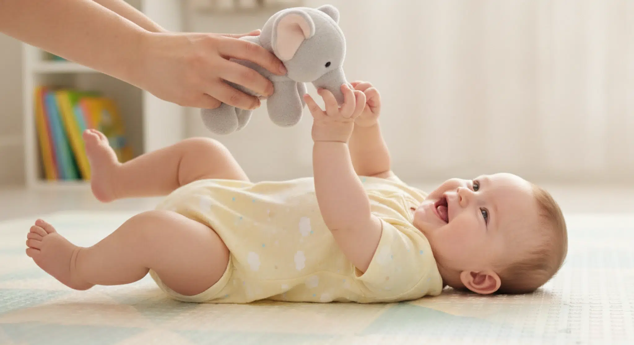 Happy awake baby playing with a toy during play time