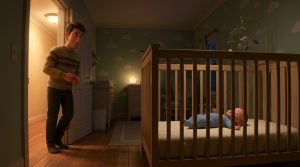 Parent standing in the nursery doorway while a drowsy baby settles in an empty crib, for a guide to the Ferber method