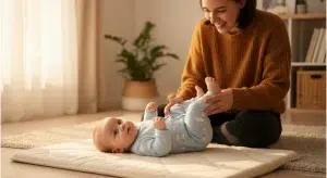 Gassy Baby at Night Why It Happens and How to Help Them Sleep | Betteroo Mother smiling while gently playing with baby on a soft mat at home in warm light.