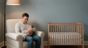 Parent calmly soothing a drowsy baby beside a bare safe crib in a dim nursery