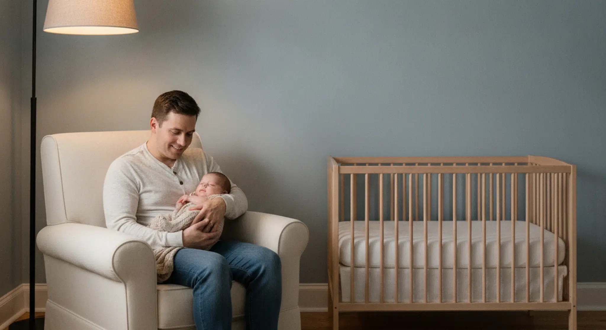 Parent calmly soothing a drowsy baby beside a bare safe crib in a dim nursery