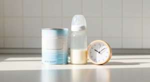 A prepared bottle of infant formula on a clean kitchen counter beside a clock