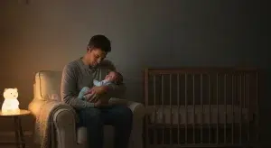 Tired parent gently soothing an awake baby during a night waking in a dim nursery