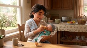 Parent feeding a content newborn a bottle in a semi-upright hold in a sunny kitchen, for a guide on how much a newborn should eat
