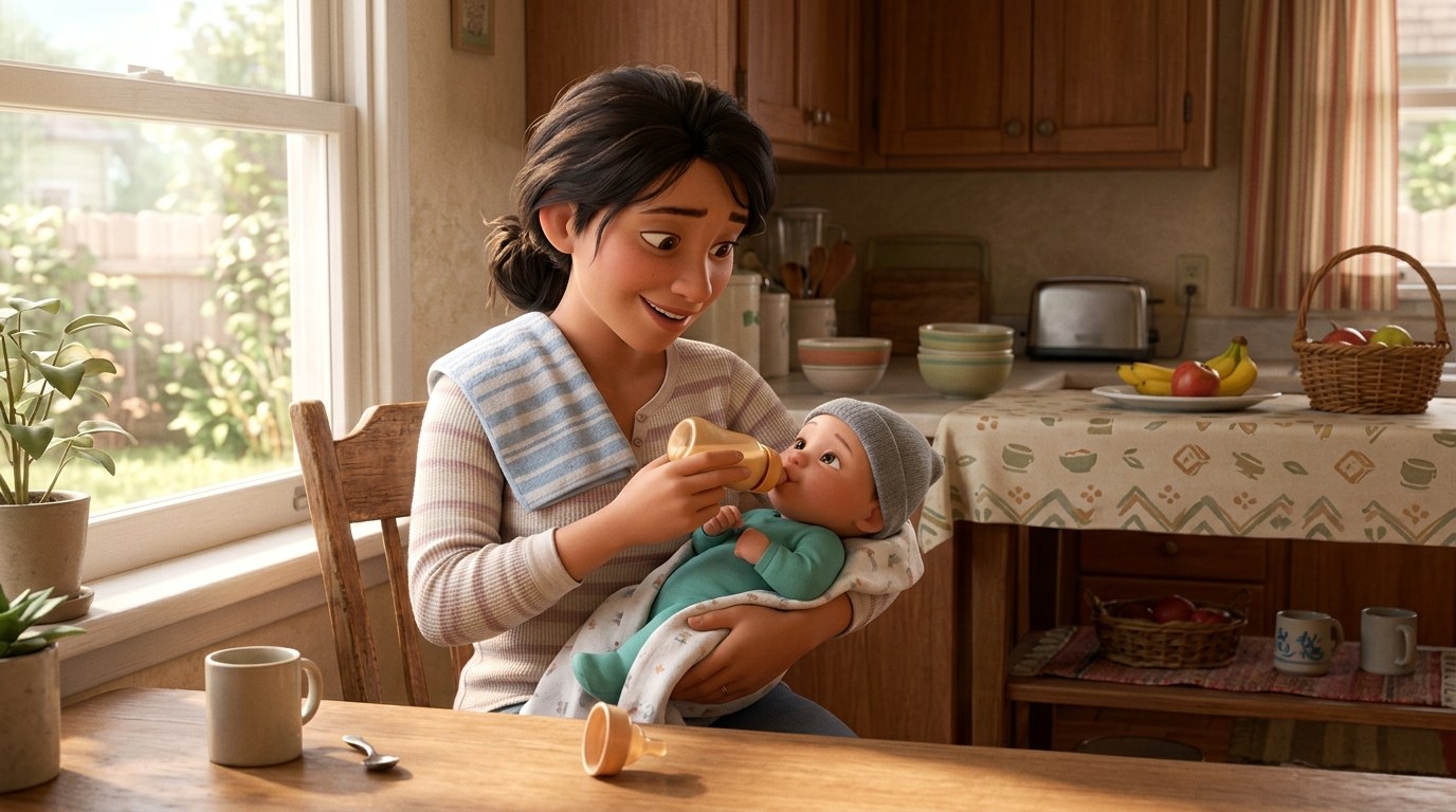Parent feeding a content newborn a bottle in a semi-upright hold in a sunny kitchen, for a guide on how much a newborn should eat