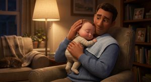 Parent burping a baby over the shoulder with a burp cloth, gently patting the back, for a guide on how to burp a baby