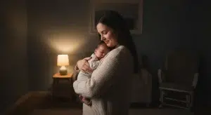 Parent gently holding and patting a sleeping newborn upright against their shoulder